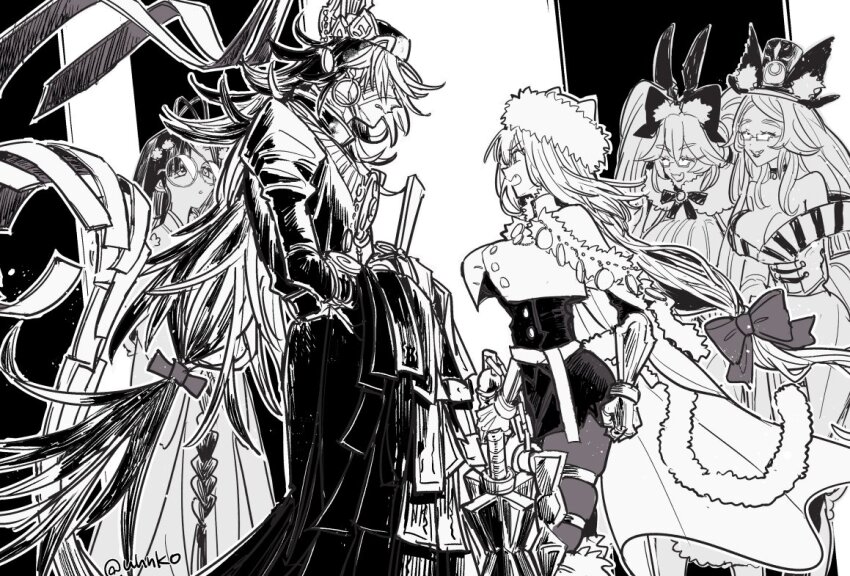 1boy 4girls ahoge animal_ears blindfold breasts cat_ears cat_tail cleavage dobrynya_nikitich_(fate) dobrynya_nikitich_(first_ascension)_(fate) dress earrings fang fate/grand_order fate_(series) flower gauntlets glasses hair_flower hair_ornament hat holding holding_mace holding_weapon jewelry koyanskaya_(assassin)_(second_ascension)_(fate) koyanskaya_(fate) koyanskaya_(foreigner)_(second_ascension)_(fate) long_hair mace monochrome multiple_girls ono_no_komachi_(fate) ono_no_takamura_(fate) pantyhose tail tamamo_(fate) twitter_username uhana weapon