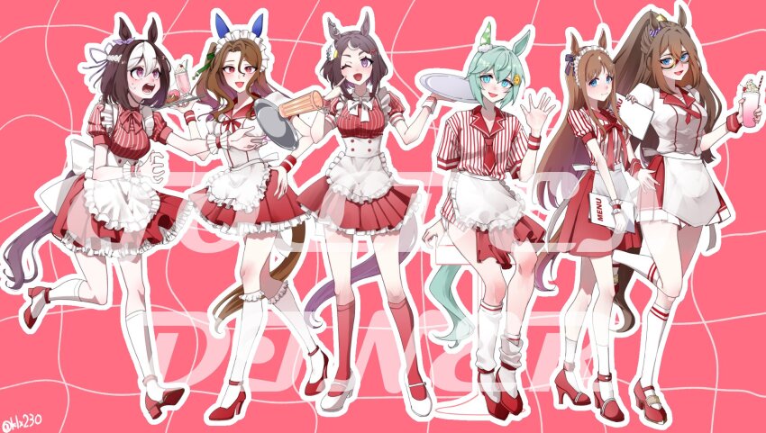 6+girls animal_ears blue_eyes brown_hair domino_mask ear_covers el_condor_pasa_(umamusume) full_body golden_generation_(umamusume) grass_wonder_(umamusume) highres horse_ears horse_girl king_halo_(umamusume) looking_at_viewer mask multiple_girls seiun_sky_(umamusume) smile special_week_(umamusume) striped_hair tagme tsukasa_(avdx5538) tsurumaru_tsuyoshi_(umamusume) umamusume