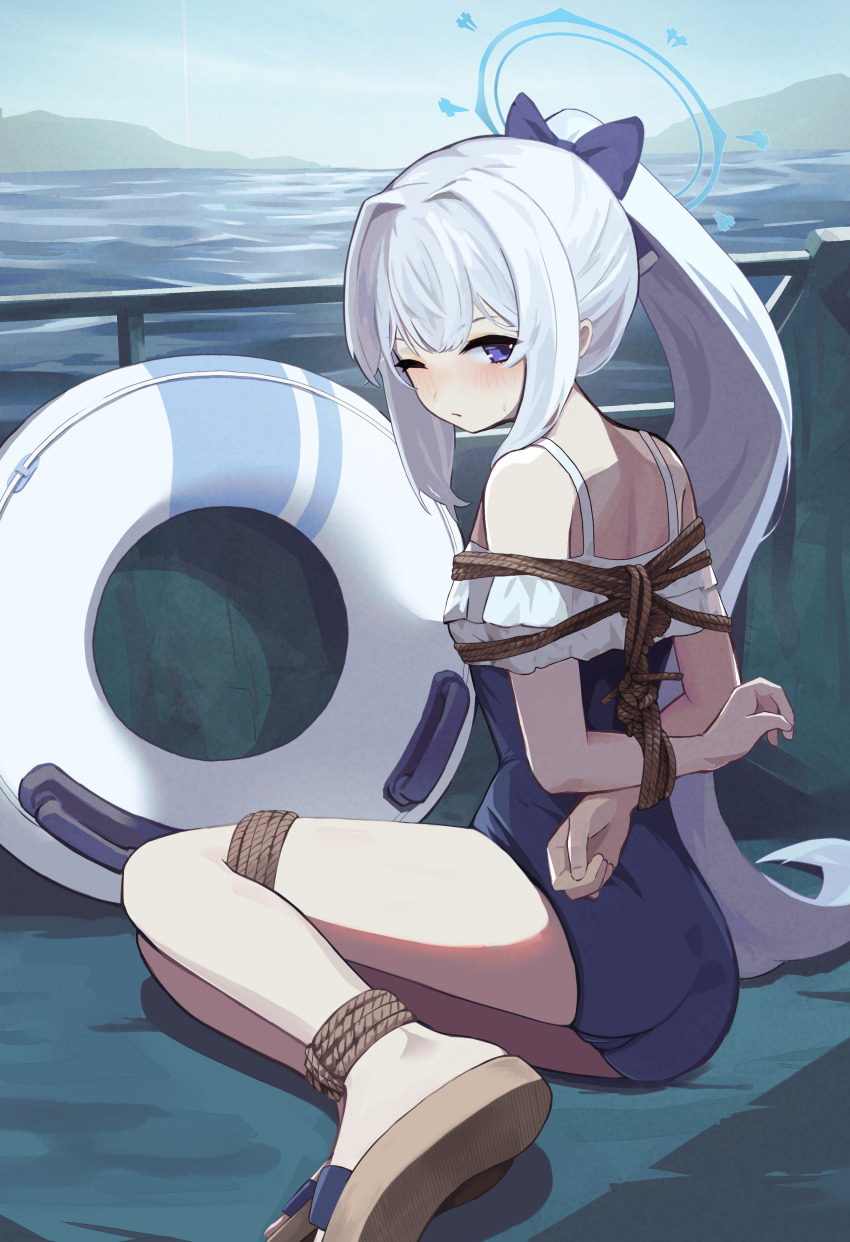 1girl absurdres arms_behind_back ass back bare_shoulders blue_archive blue_bow blue_eyes blue_halo blue_one-piece_swimsuit blue_sky blush boat bow breasts casual_one-piece_swimsuit closed_mouth commentary_request day frilled_one-piece_swimsuit frills from_behind frown full_body hair_between_eyes hair_bow hair_intakes halo highres long_hair miyako_(blue_archive) miyako_(swimsuit)_(blue_archive) ocean off-shoulder_one-piece_swimsuit off_shoulder official_alternate_costume official_alternate_hairstyle on_boat one-piece_swimsuit one_eye_closed outdoors ponytail sandals shibari shiu_kyu sidelocks sitting sky small_breasts solo straight_hair sweatdrop swim_ring swimsuit thighs variant_set very_long_hair watercraft white_hair yokozuwari