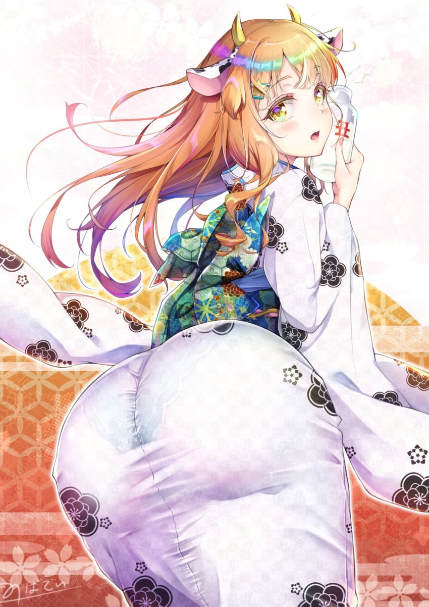 1boy 2021 adjusting_clothes androgynous animal_ears ass blonde_hair blush bottle cow_ears cow_girl cow_horns crossdressing embarrassed fake_animal_ears from_behind highres horns huge_ass japanese_clothes kimono leaning leaning_forward long_hair looking_at_viewer looking_back milk milk_bottle natsusora_wakana novady open_mouth orange_eyes original panties pantylines see-through_clothes sexually_suggestive shiny_clothes solo trap underwear yukata
