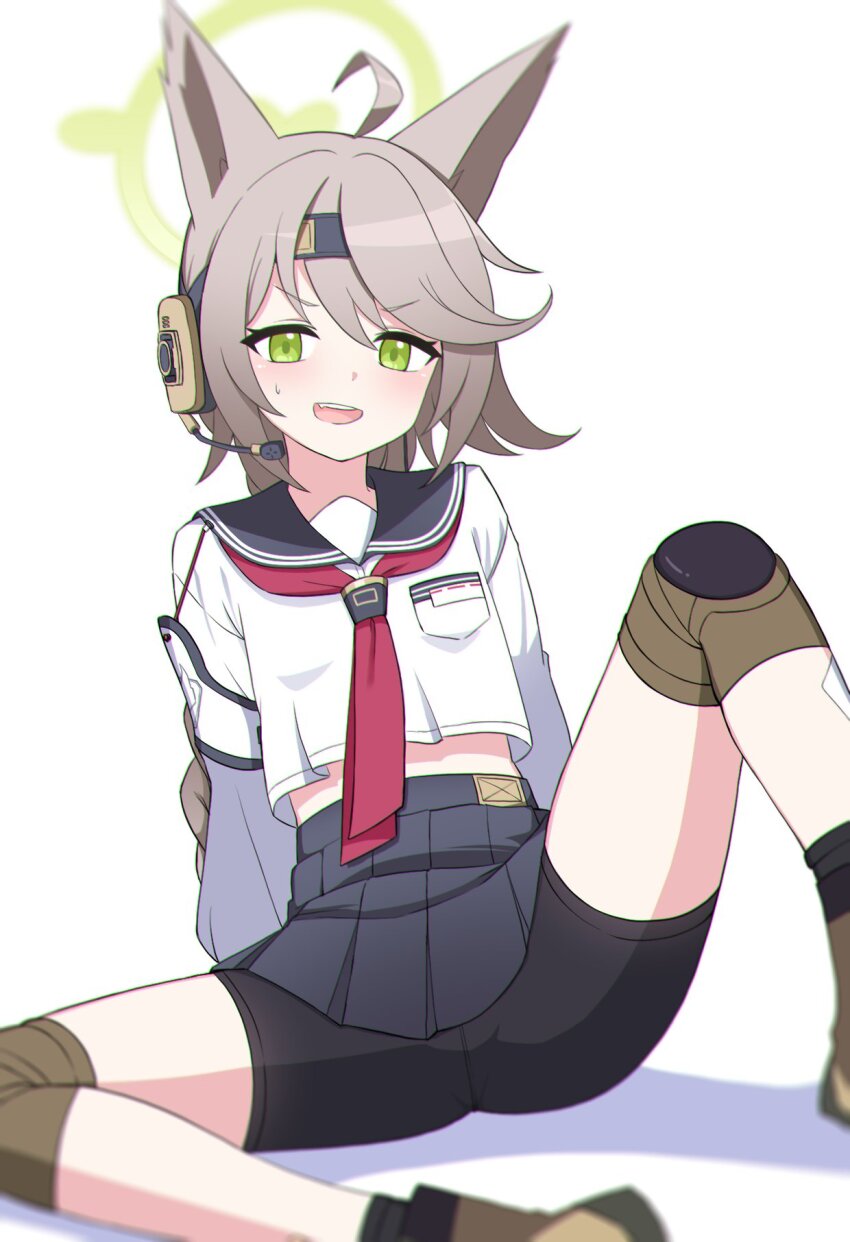 1girl animal_ears bike_shorts blue_archive blue_skirt boots brown_boots fox_ears fox_girl green_eyes green_halo hair_between_eyes halo headset highres knee_pads nanju_bami neckerchief otogi_(blue_archive) red_neckerchief short_shorts shorts simple_background skirt solo thighs white_background