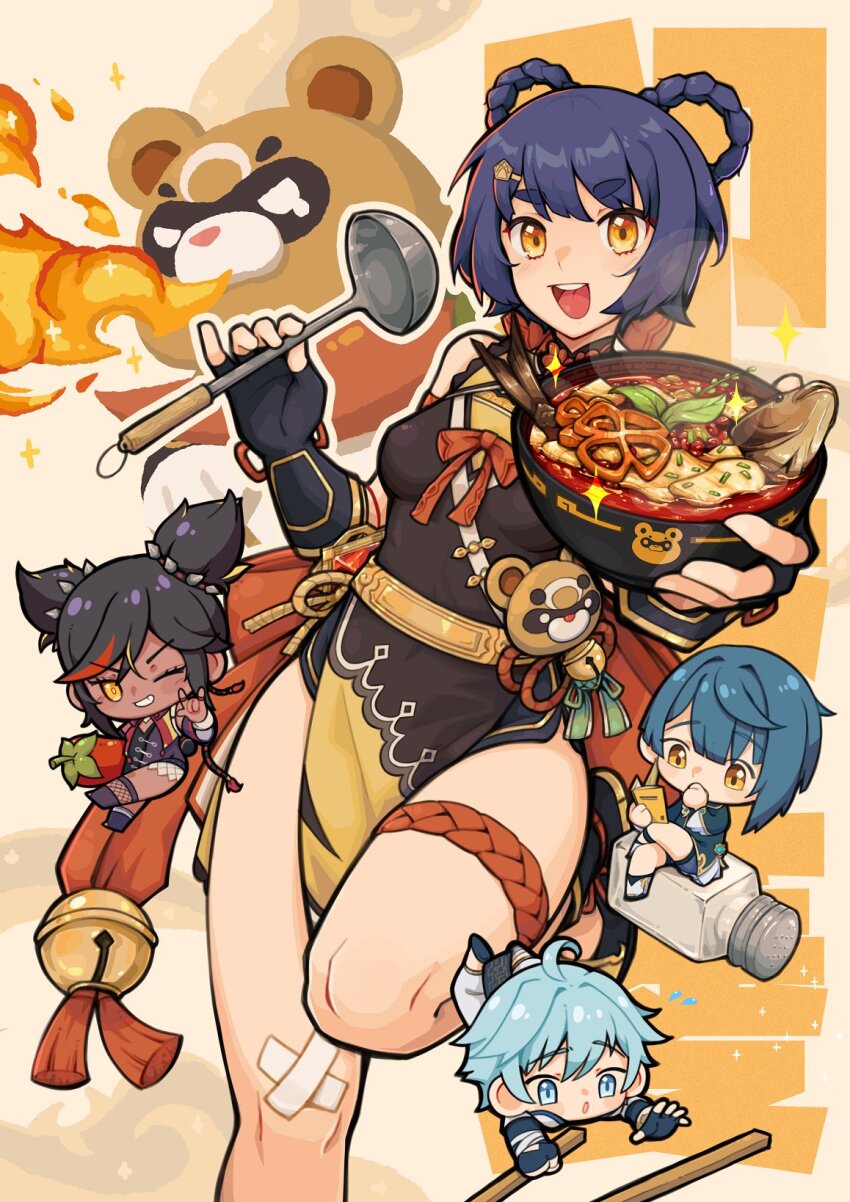 2boys 2girls ahoge bell black_dress black_gloves black_hair blue_gloves blue_hair bowl braid braided_hair_rings breasts chibi chili_pepper chongyun_(genshin_impact) chopsticks commentary dress fingerless_gloves fire fish foot_out_of_frame genshin_impact gloves gold_belt grin guoba_(genshin_impact) hair_rings highres holding holding_bowl holding_ladle jingle_bell kokuya_(kokuya28) ladle looking_at_viewer multiple_boys multiple_girls open_mouth pelvic_curtain purple_hair red_panda salt_shaker short_hair sleeveless sleeveless_dress small_breasts smile standing standing_on_one_leg symbol-only_commentary xiangling_(genshin_impact) xingqiu_(genshin_impact) xinyan_(genshin_impact) yellow_eyes