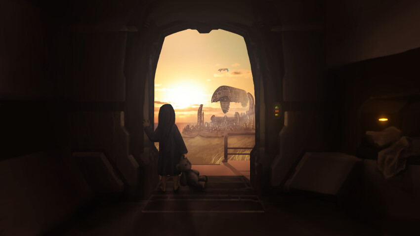 1girl amarr_empire_(eve_online) apocalypse_(eve_online) attack_ship_(eve_online) barefoot battleship_(eve_online) brown_theme building child city cloud commentary dark_foreground eve_online evening flying from_behind full_body glowing grass highres holding holding_stuffed_toy indoors khanid_kingdom_(eve_online) long_hair military_vehicle nallekatt orange_sky scenery science_fiction sky skyscraper solo spacecraft stuffed_animal stuffed_toy sun sunset teddy_bear