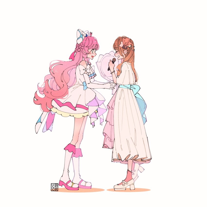 2girls aoi_tete artist_logo ascot boots bouquet bow braid brown_hair closed_eyes commentary cure_prism dress elbow_gloves flower french_braid from_side giving gloves green_eyes hair_bow hair_ornament happy_tears highres hirogaru_sky!_precure holding holding_bouquet holding_microphone kakuma_ai knee_boots layered_dress logo long_dress long_hair looking_at_another magical_girl microphone mole mole_under_eye multiple_girls nijigaoka_mashiro open_mouth pink_hair precure real_life short_dress short_sleeves side_braids simple_background sleeveless sleeveless_dress smile standing tearing_up tears very_long_hair voice_actor_connection white_ascot white_background white_bow white_dress white_gloves