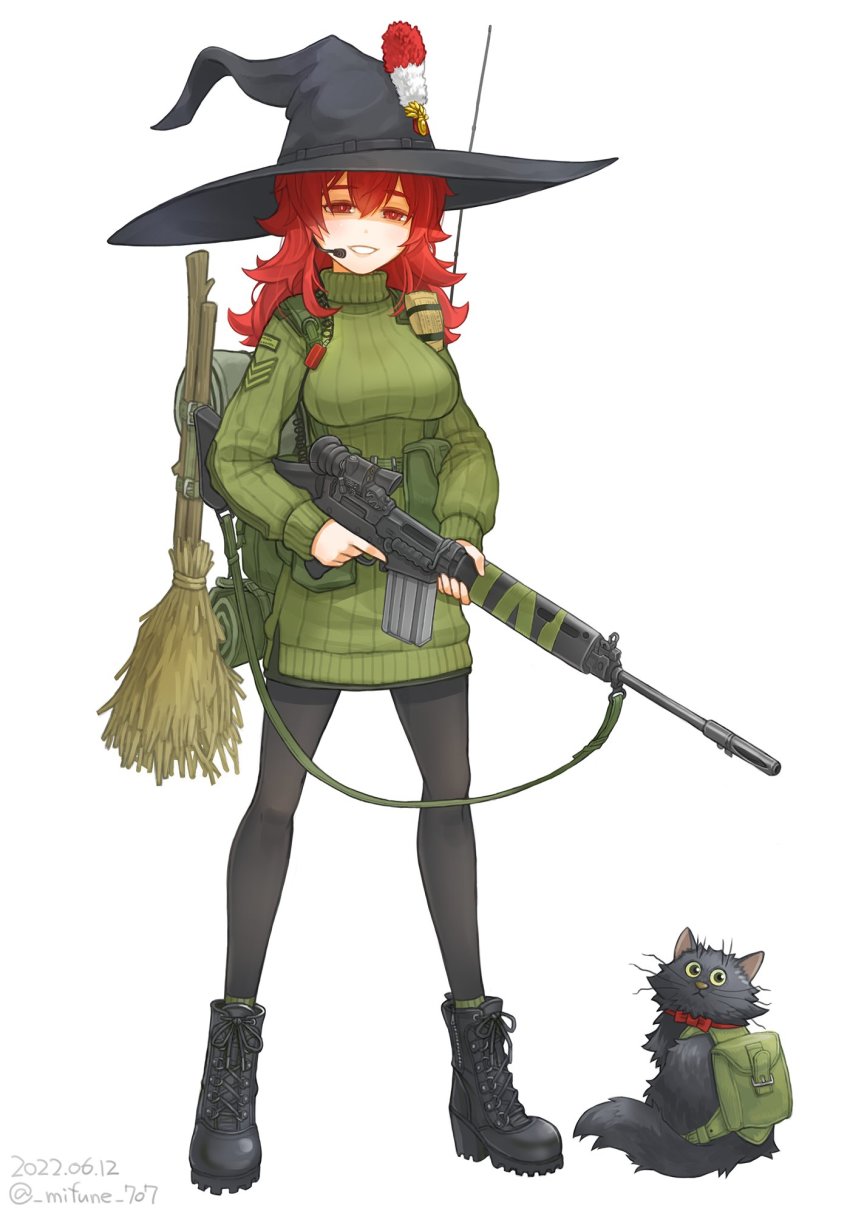1girl artist_name assault_rifle backpack bag battle_rifle bedroll belt belt_pouch black_cat black_headwear black_pantyhose boots breasts british_army broom cat combat_boots commentary_request dated field_ration fn_fal green_socks green_sweater gun hat hat_ornament headset highres holding holding_gun holding_weapon insignia large_breasts microphone mifune_(_mifune_707) military military_uniform muzzle_device name_tag open_mouth original pantyhose pouch radio radio_antenna red_eyes red_hair red_ribbon ribbon rifle scope socks standing sweater trigger_discipline turtleneck turtleneck_sweater twitter_username united_kingdom weapon white_background witch witch_hat