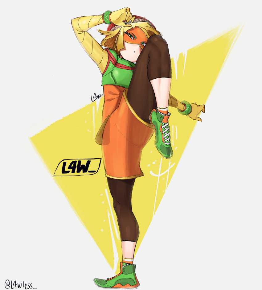 1girl absurdres arms_(game) beanie blonde_hair bracelet colored_extremities domino_mask green_eyes green_shoes hat high_tops highres jewelry kicking l4wless leg_up leggings leggings_under_shorts mask min_min_(arms) orange_shirt orange_shorts shirt shoes short_hair shorts sneakers solo