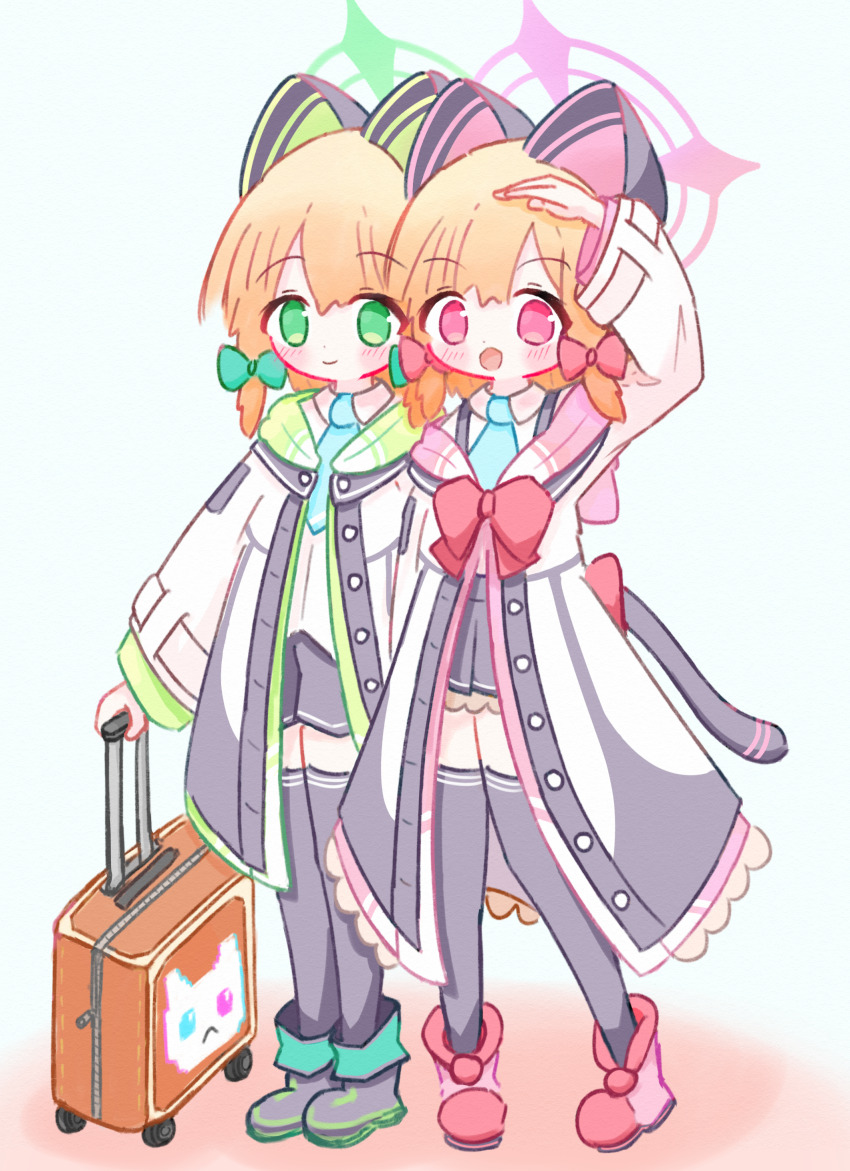 2girls :d absurdres animal_ear_headphones animal_ears aqua_background aqua_necktie arm_up black_boots black_coat black_shorts black_skirt black_tail black_thighhighs blonde_hair blue_archive blush_stickers boots bow buttons cat_ear_headphones cat_ears cat_tail closed_mouth coat collared_shirt commentary_request dot_nose fake_animal_ears fake_tail frilled_coat frilled_skirt frills full_body green_bow green_coat green_eyes green_halo green_trim hair_bow halo headphones highres holding holding_suitcase hood hood_down hooded_coat long_sleeves looking_at_viewer low-tied_sidelocks medium_hair midori_(blue_archive) miniskirt momoi_(blue_archive) multicolored_coat multiple_girls necktie onrataon open_clothes open_coat open_mouth parted_bangs pink_boots pink_coat pink_eyes pink_halo pink_hood pink_trim pleated_skirt red_bow rolling_suitcase salute school_uniform shirt short_shorts shorts siblings sidelocks simple_background sisters skirt smile standing suitcase suspender_skirt suspenders tail tail_bow tail_ornament tareme thighhighs twins white_coat white_shirt