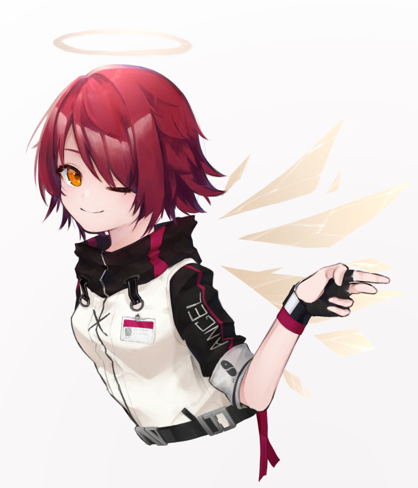 1girl :d arknights artist_name breasts brown_wings clothes_writing commentary_request cropped_torso detached_wings exusiai_(arknights) grey_background hair_over_one_eye halo highres jacket looking_at_viewer mini_wings o_eeee_o open_mouth orange_eyes partial_commentary red_hair revision short_hair simple_background small_breasts smile solo traditional_halo twitter_username watermark white_jacket wings