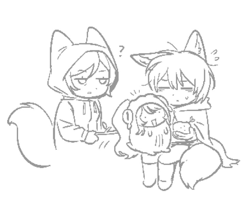 1girl 2boys ? animal_ears boots cavernous_wailing_(e.g.o) cloak drawstring e.g.o_(project_moon) flying_sweatdrops fox_boy fox_ears fox_girl fox_tail full_body greyscale hand_up highres hong_lu_(project_moon) limbus_company monochrome multiple_boys ohzv open_mouth outis_(project_moon) ponytail potato project_moon raincoat sitting smile sunshower_(e.g.o) tail yi_sang_(project_moon)