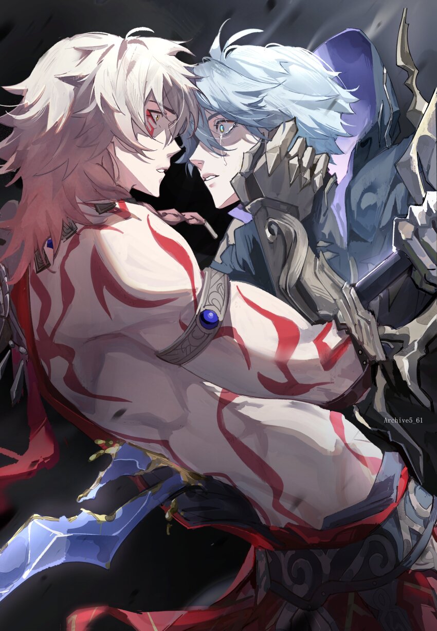 2boys absurdres antenna_hair archive5_61 arm_tattoo armlet armor artist_name black_background black_cloak blonde_hair blood blue_eyes braid chest_tattoo clawed_gauntlets cloak dark_persona facial_tattoo flame_reaver_of_the_deepest_dark gold_necklace gradient_hair hair_between_eyes hand_on_another&#039;s_back hand_on_another&#039;s_face highres holding holding_sword holding_weapon honkai:_star_rail honkai_(series) hood hooded_cloak jewelry liquid_gold male_focus medium_hair multicolored_hair multiple_boys mydei_(honkai:_star_rail) necklace phainon_(honkai:_star_rail) red_hair red_tattoo short_hair shoulder_armor side_braid simple_background stab surprised sword tattoo tears weapon white_hair yaoi yellow_eyes