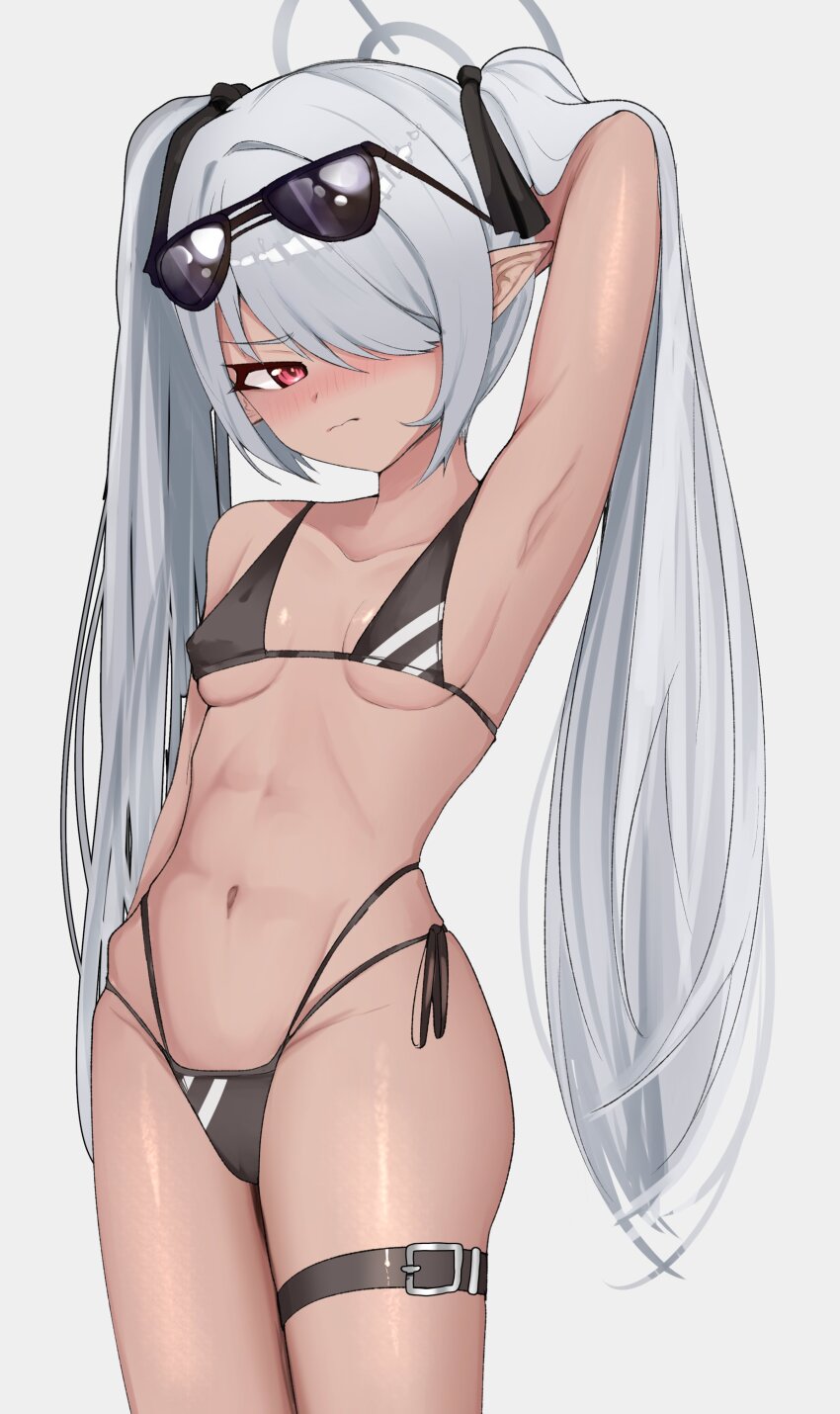 1girl abs absurdres arm_at_side arm_behind_head arm_up armpits bikini black_bikini black_ribbon blue_archive breasts cameltoe collarbone covered_erect_nipples cowboy_shot dark-skinned_female dark_skin embarrassed female_focus grey_hair hair_over_one_eye hair_ribbon highres iori_(blue_archive) iori_(swimsuit)_(blue_archive) leg_strap long_hair looking_at_viewer meemz_a navel official_alternate_costume petite pointy_ears red_eyes ribbon side-tie_bikini_bottom small_breasts solo standing sunglasses sunglasses_on_head swimsuit toned toned_female twintails