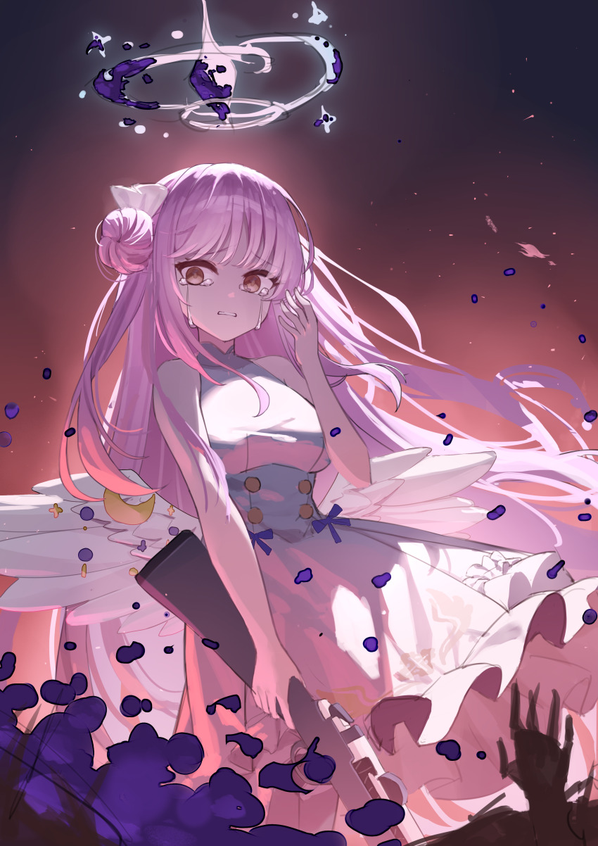 1girl absurdres angel_wings blue_archive blunt_bangs chinese_commentary commentary dress feathered_wings frilled_dress frills gun hair_bun halo highres holding holding_gun holding_weapon lanchester_smg long_hair low_wings mika_(blue_archive) open_mouth pink_hair pink_halo rifle school_uniform single_side_bun standing submachine_gun tears very_long_hair weapon white_dress white_wings wings wlswlp yellow_eyes