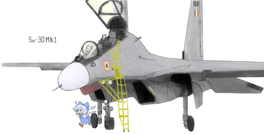 1girl air_supreriority_fighter aircraft airplane bad_id bad_pixiv_id chibi cirno female_focus fighter_aircraft fighter_jet interdictor military military_vehicle multirole_combat_aircraft solo su-30 touhou vehicle_focus wings