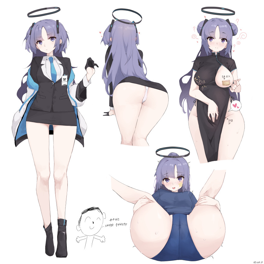 1boy 1girl ? absurdres arrow_(symbol) ass bandaid bandaids_on_nipples black_dress black_footwear black_gloves black_halo black_jacket black_skirt blue_archive blue_jacket blue_necktie blue_panties blue_shirt blush body_writing breasts cameltoe china_dress chinese_clothes closed_mouth collared_shirt commentary_request dated dizzy doodle_sensei_(blue_archive) double_bun dress ear_blush expressionless eyes_visible_through_hair facial_mark facing_away fingering_gesture floral_print floral_print_dress gloves groin hair_bun hair_ornament half_gloves halo hand_up heart heart-shaped_pupils high_collar highres jacket korean_commentary korean_text lapels legs_up long_hair long_sleeves looking_at_viewer mechanical_halo medium_breasts microskirt mona_kkkk multiple_views necktie off_shoulder one_breast_out panties pasties pelvic_curtain pencil_skirt presenting presenting_ass presenting_pussy print_dress purple_eyes purple_hair sensei_(blue_archive) shirt shoes short_sleeves skirt smile spoken_heart spread_legs standing star_(symbol) star_facial_mark suit_jacket sweat sweatdrop symbol-shaped_pupils translation_request trembling two-sided_fabric two-sided_jacket underwear white_jacket white_panties white_shirt wide_hips yuuka_(blue_archive) yuuka_(track)_(blue_archive)