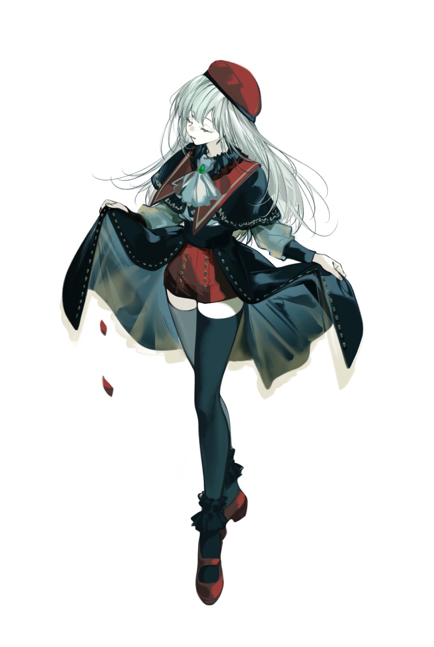 1girl absurdres arlizi ascot bang_dream! bang_dream!_it&#039;s_mygo!!!!! beret black_capelet black_pantyhose black_skirt capelet closed_eyes commentary full_body green_brooch green_hair hat highres long_hair long_sleeves mortis_(bang_dream!) mortis_(costume)_(bang_dream!) mortis_(persona)_(bang_dream!) open_mouth pantyhose pantyhose_under_shorts red_footwear red_hat red_shorts shirt shorts showgirl_skirt simple_background skirt solo wakaba_mutsumi white_ascot white_background white_shirt