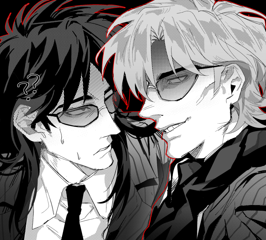2boys ? ?? blazer chinese_commentary collared_shirt commentary_request glasses greyscale grin hair_between_eyes highres houlong_siche hyoudou_kazuya itou_kaiji jacket kaiji long_hair looking_at_another male_focus monochrome multiple_boys necktie outline red_outline scarf shirt short_hair smile striped_clothes striped_jacket sunglasses upper_body