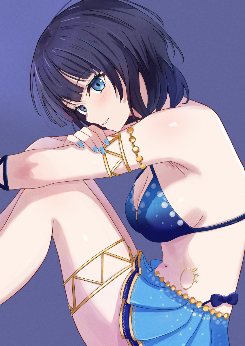 1girl absurdres armlet asaka_karin beniyomogi blue_background blue_eyes blue_hair blue_nails blue_skirt breasts cleavage commentary highres jewelry large_breasts looking_at_viewer love_live! love_live!_nijigasaki_high_school_idol_club medium_hair nail_polish navel open_mouth pleated_skirt simple_background skirt solo stomach thigh_strap