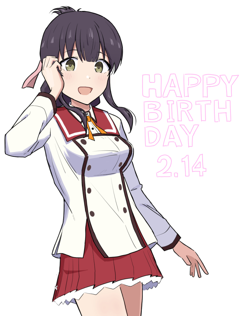 1girl :d black_hair blush breasts collared_shirt commentary_request cowboy_shot dated folded_ponytail green_eyes happy_birthday highres long_hair long_sleeves looking_at_viewer medium_hair miniskirt minoseki_gakuin_uniform neck_ribbon open_mouth orange_ribbon pleated_skirt red_sailor_collar red_skirt ribbon sailor_collar school_uniform shirt sidelocks simple_background skirt smile solo standing toji_no_miko tucking_hair user_ssl1594 white_background white_shirt winter_uniform yanase_mai