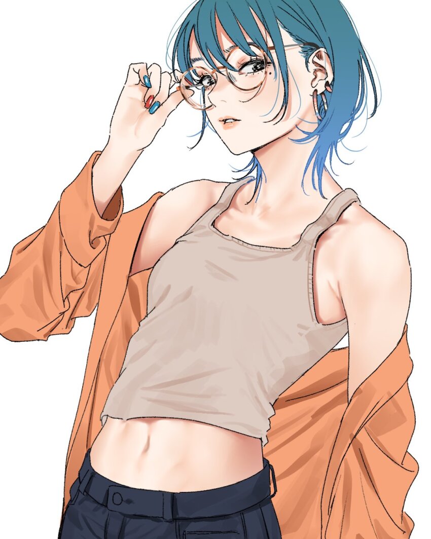 1girl adjusting_eyewear collarbone ear_piercing earrings glasses green_hair highres jacket jewelry midriff_peek nail_polish open_clothes open_jacket original pants parted_lips piercing saitou_(lynx-shrike) simple_background solo tank_top white_background