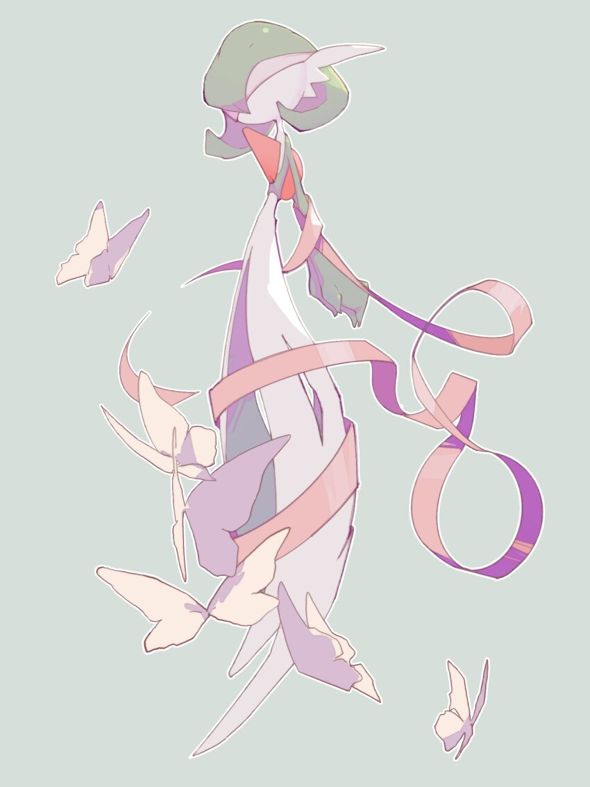 bound bound_arms bug butterfly colored_skin covered_eyes dress gardevoir gen_3_pokemon green_background green_hair green_skin highres insect multicolored_skin mxlaghrsuk33yws nintendo no_feet pink_ribbon pokemon pokemon_(creature) ribbon simple_background two-tone_skin white_dress white_skin