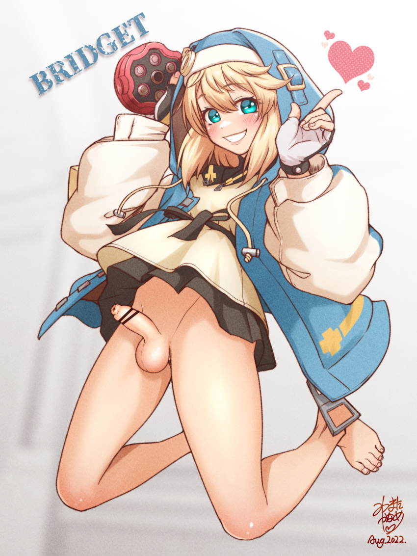 1boy bar_censor barefoot black_skirt blonde_hair blue_eyes blush bridget_(guilty_gear) censored character_name daisy_mitsumata erection fingerless_gloves foreskin full_body gloves grin guilty_gear guilty_gear_strive habit hair_between_eyes heart highres hood hoodie long_sleeves looking_at_viewer male_focus open_clothes open_hoodie penis phimosis skirt smile solo testicles trap yo-yo