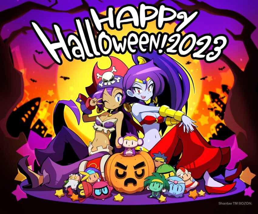 2023 2girls artist_request bolo_(shantae) breasts character_doll cleavage colored_skin cosplay costume_switch dark-skinned_female dark_skin grey_skin halloween happy_halloween hat jack-o&#039;-lantern medium_breasts multiple_girls official_art pirate_hat ponytail purple_hair risky_boots rottytops shantae shantae_(series) side_ponytail sitting sky_(shantae) tinkerbat v