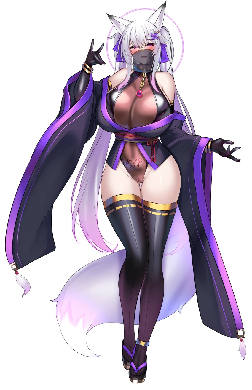 1girl absurdres animal_ears bare_shoulders black_veil blush breasts collar corruption elbow_gloves fox_ears fox_shadow_puppet fox_tail gloves hair_ornament highleg highleg_leotard highres huge_breasts kutan leotard long_hair looking_at_viewer mizuki_(kutan) mouth_veil naughty_face original pinwheel pinwheel_hair_ornament pubic_tattoo purple_eyes seductive_smile see-through_clothes see-through_leotard see-through_veil smile solo tail tattoo thighhighs veil white_hair wide_hips wrist_cuffs
