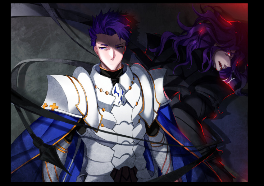 2boys armor black_armor commentary_request dual_persona fate/grand_order fate/zero fate_(series) lancelot_(fate/grand_order) lancelot_(fate/zero) long_hair male_focus multiple_boys open_mouth purple_eyes purple_hair red_eyes shade sharp_teeth teeth white_armor ycco_(estrella)