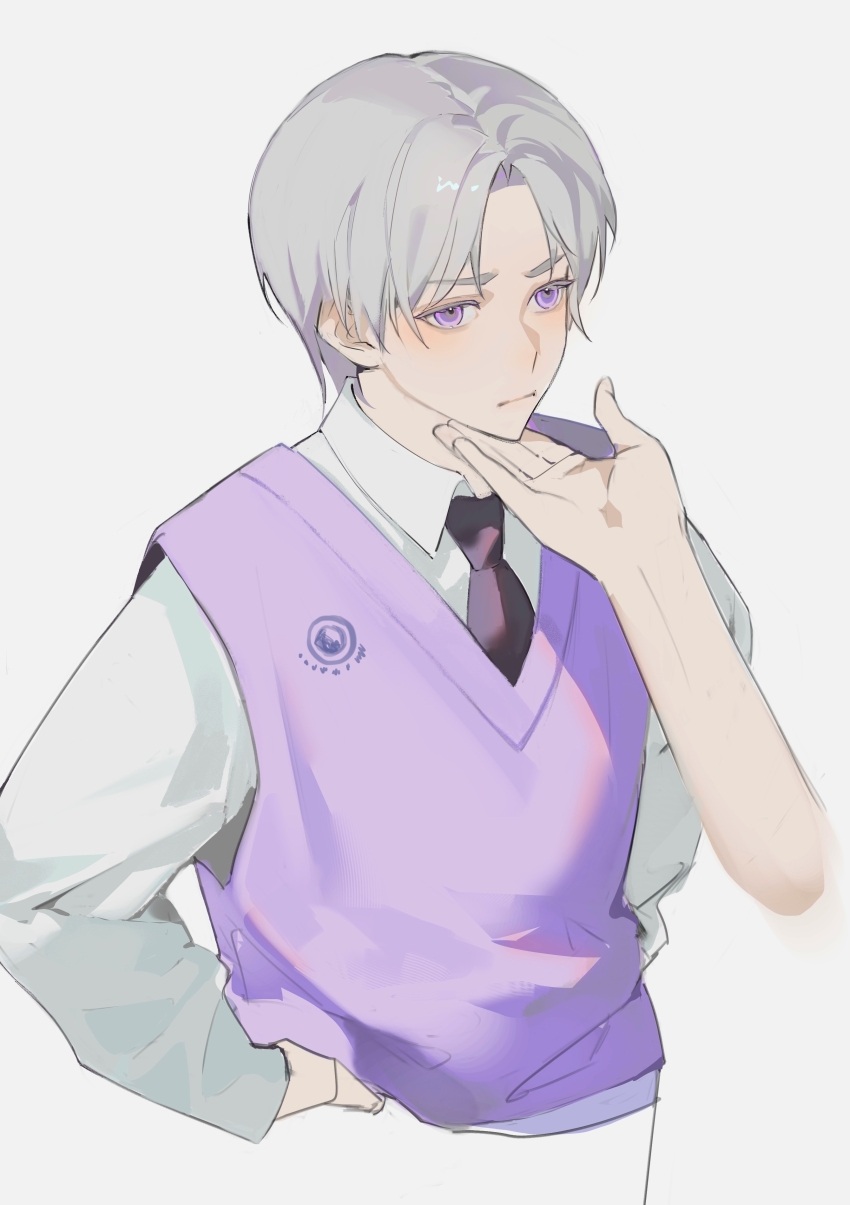 1boy 1girl absurdres black_necktie blush charlie_su closed_mouth collared_shirt denpa0304 grey_background grey_hair hand_on_another&#039;s_chin highres light_and_night_love long_sleeves looking_at_another male_focus necktie parted_bangs protagonist_(light_and_night_love) purple_eyes purple_sweater_vest shirt short_hair simple_background solo_focus sweater_vest upper_body white_shirt