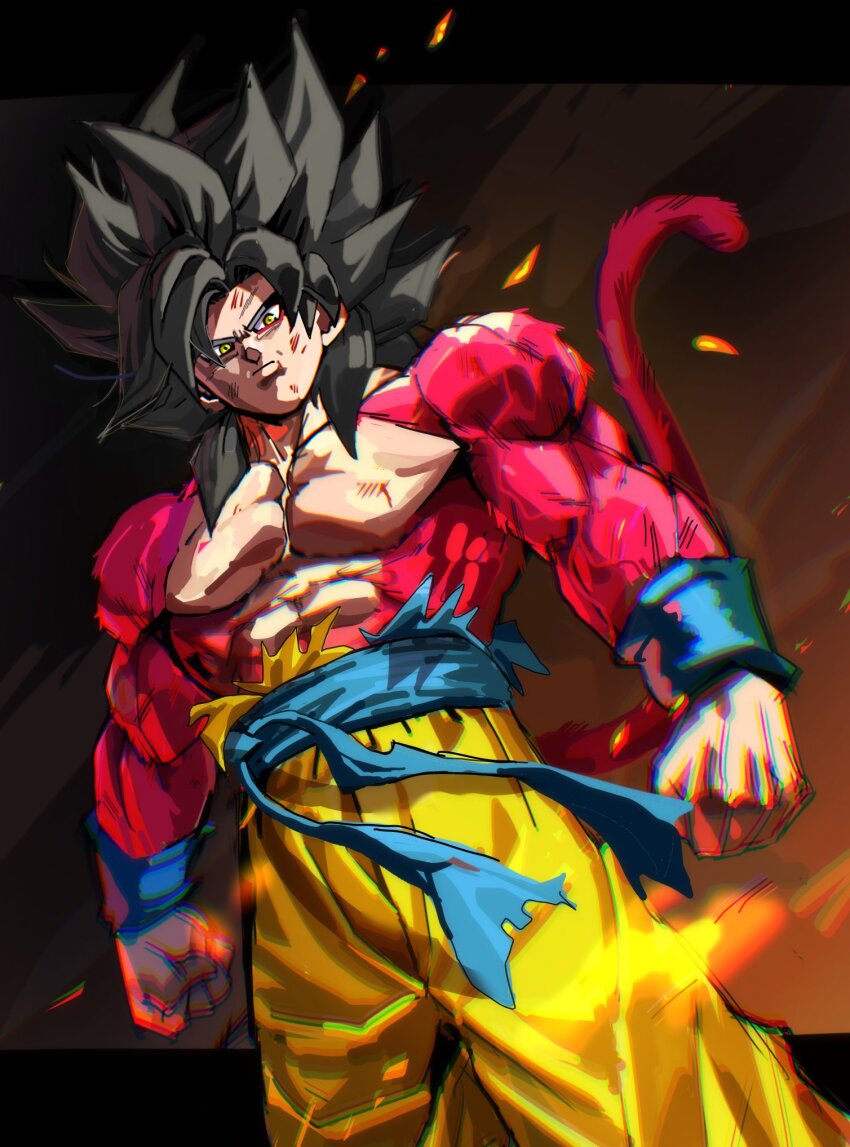 1boy alternate_color battle_damage black_hair blue_sash body_fur clenched_hands cowboy_shot dragon_ball dragon_ball_daima dragon_ball_gt highres long_hair looking_at_viewer male_focus muscular muscular_male pants red_fur sash smirk solo son_goku spiked_hair super_saiyan super_saiyan_4 tkht_9315 yellow_eyes yellow_pants