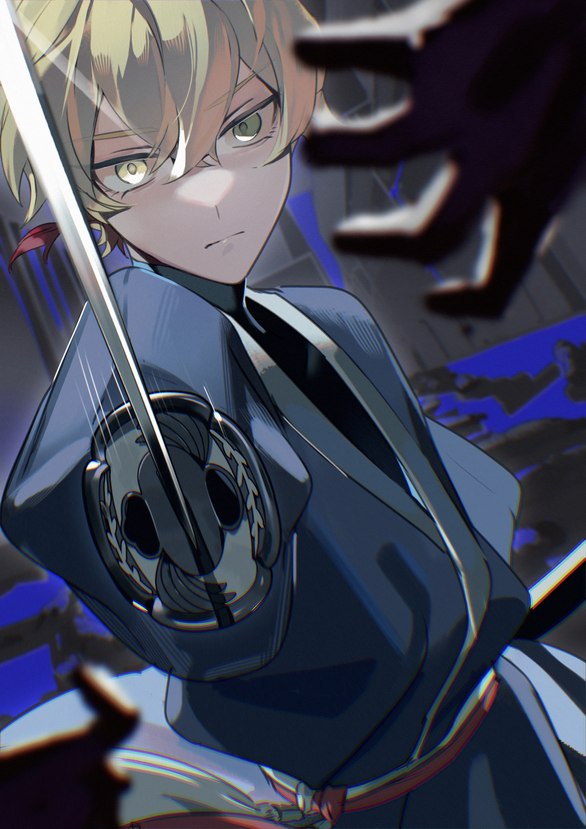 1boy absurdres black_kimono blade_lineage_(identity)_(project_moon) blonde_hair closed_mouth earrings hair_between_eyes highres japanese_clothes jewelry katana kimono kissousan limbus_company looking_at_viewer male_focus pointing_melee_weapon pointing_sword project_moon red_sash sash serious short_hair sinclair_(project_moon) single_earring sword tassel tassel_earrings turtleneck unsheathed upper_body weapon yellow_eyes