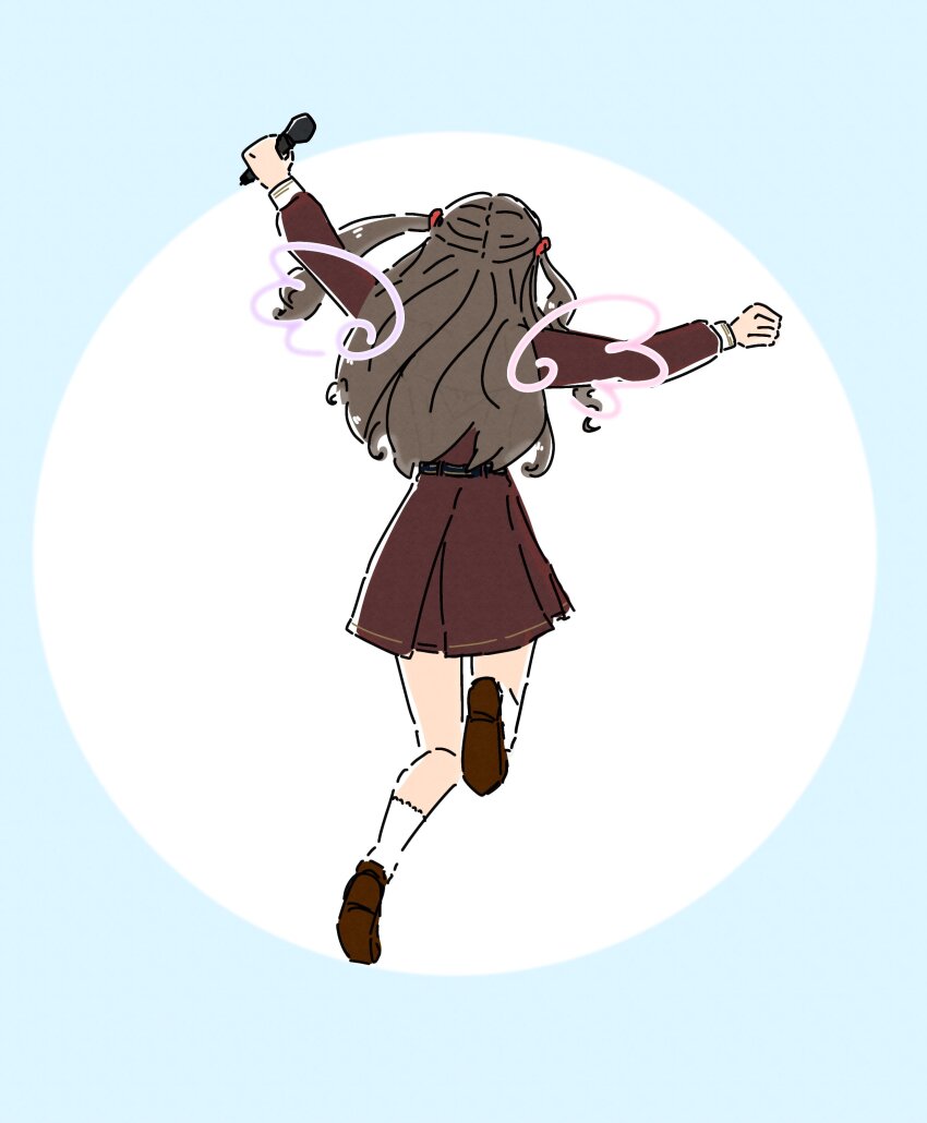 1girl absurdres blue_background brown_dress brown_hair brown_shoes clenched_hands commentary_request drawn_wings dress facing_away from_behind fujishima_megumi hasu_no_sora_school_uniform highres holding holding_microphone link!_like!_love_live! long_hair long_sleeves love_live! microphone nakahama_(ha_mamaman) outstretched_arms pleated_dress round_image sailor_collar sailor_dress school_uniform shoe_soles shoes short_dress socks solo spread_arms two_side_up virtual_graduation_commemoration virtual_youtuber white_background white_sailor_collar white_socks winter_uniform