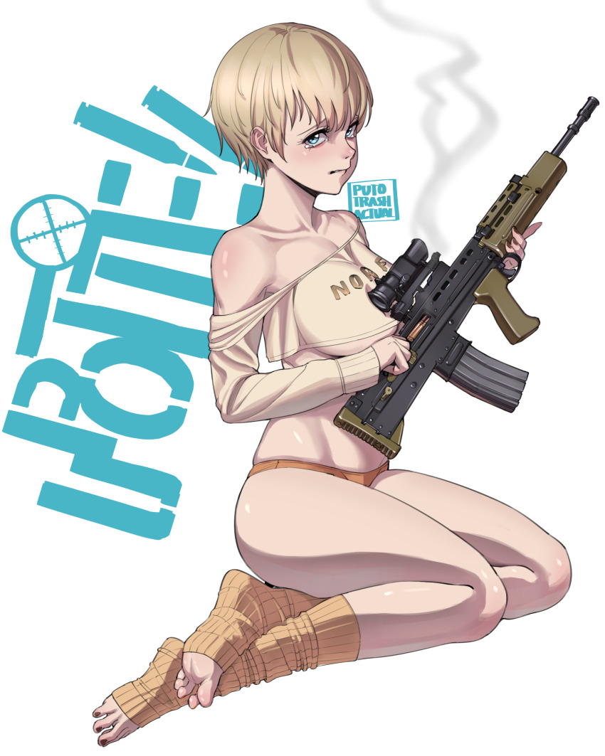 1girl 5.56x45mm_nato absurdres ammunition assault_rifle blonde_hair blue_eyes breasts bullet bullpup carbine_cartridge copyright_name crop_top dmr_cartridge gun gun_malfunction highres intermediate_cartridge kneeling l85 l85a1_(upotte!!) lmg_cartridge long_sleeves no_pants orange_panties panties puto_trash rifle rifle_cartridge scope short_hair smoke solo tears toeless_legwear underboob underwear upotte!! weapon white_background