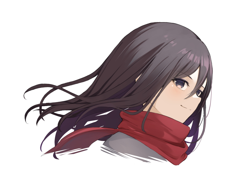 1girl absurdres black_eyes black_hair closed_mouth eki_doki floating_hair hair_between_eyes highres long_hair mikasa_ackerman portrait red_scarf scarf shingeki_no_kyojin simple_background smile solo straight_hair white_background