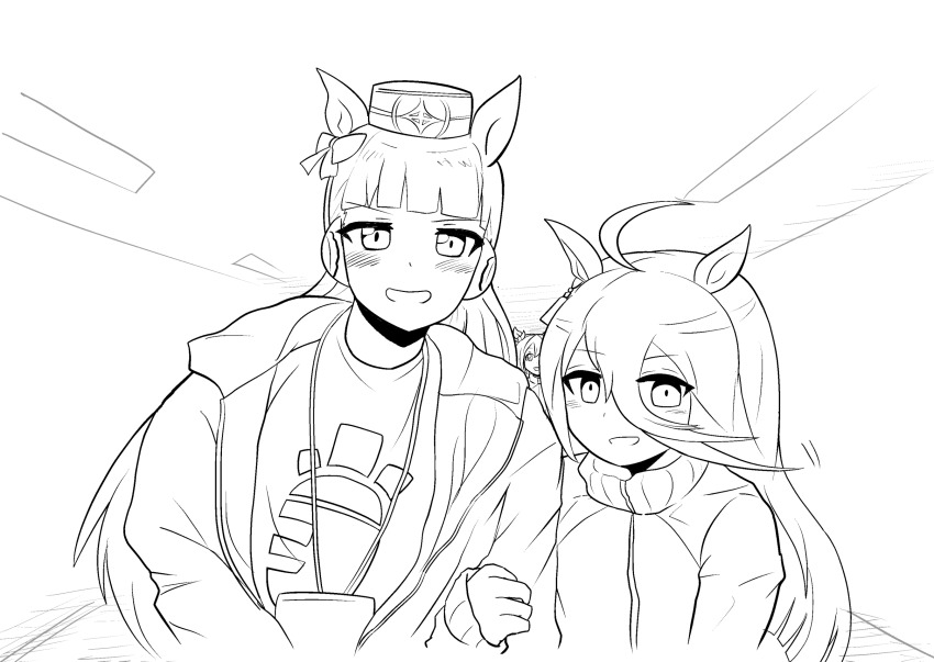 3girls ahoge animal_ears blunt_bangs blush bow carrot_print commentary_request ear_bow earrings food_print gold_ship_(umamusume) greyscale hair_between_eyes headgear highres holding_another&#039;s_arm hood hooded_jacket horse_ears horse_girl jacket jewelry lanyard long_bangs long_hair looking_at_viewer manhattan_cafe_(umamusume) monochrome morinokino1 motion_lines multiple_girls ogura_yui pillbox_hat real_life single_earring special_week_(umamusume) track_jacket ueda_hitomi umamusume upper_body voice_actor_connection waki_azumi