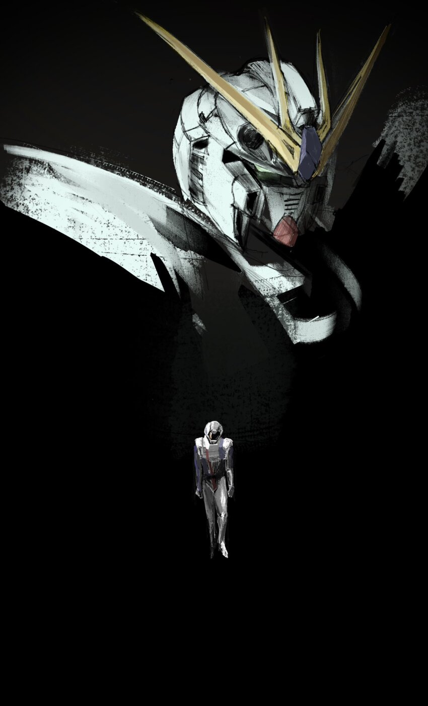 1boy akawakesen amuro_ray black_background bodysuit char&#039;s_counterattack green_eyes gundam helmet highres mecha mecha_focus mecha_pilot_suit mobile_suit normal_suit_(gundam) nu_gundam pilot_helmet robot science_fiction simple_background space_helmet spacesuit v-fin white_bodysuit zero_gravity
