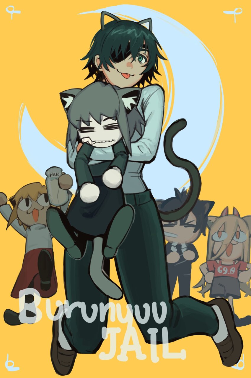 1boy 3girls =_= animal_ears black_hair black_jacket black_necktie black_pants blonde_hair carnival_phantasm cat_ears cat_tail chainsaw_man cigarette closed_eyes collared_shirt commission cosplay eyepatch formal_clothes green_eyes grey_hair hair_between_eyes hayakawa_aki hayakawa_aki_(cosplay) highres himeno_(chainsaw_man) horns hug jacket liowig long_hair looking_at_another looking_at_viewer multiple_girls necktie neco-arc neco-arc_chaos neco_spirit pants pilk power_(chainsaw_man) power_(chainsaw_man)_(cosplay) red_horns shirt shirt_tucked_in short_hair simple_background suit suit_jacket tail tongue tongue_out white_shirt yellow_background