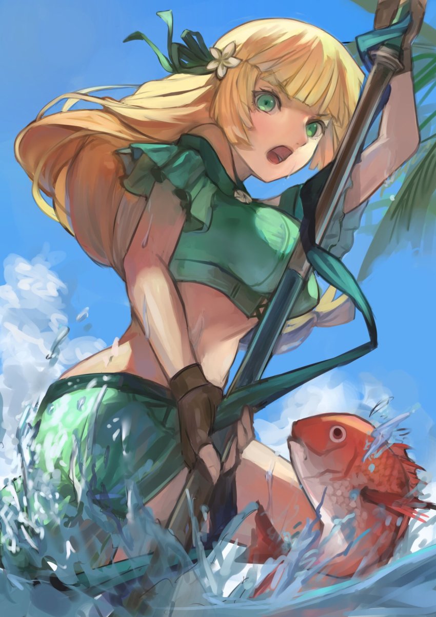 1girl blonde_hair blue_sky brown_gloves cloud day fingerless_gloves fire_emblem fire_emblem:_three_houses fire_emblem_heroes fish flower gloves green_eyes hair_flower hair_ornament highres holding ingrid_brandl_galatea ingrid_brandl_galatea_(summer) long_hair mai_yukari nintendo open_mouth outdoors polearm sky solo swimsuit water weapon