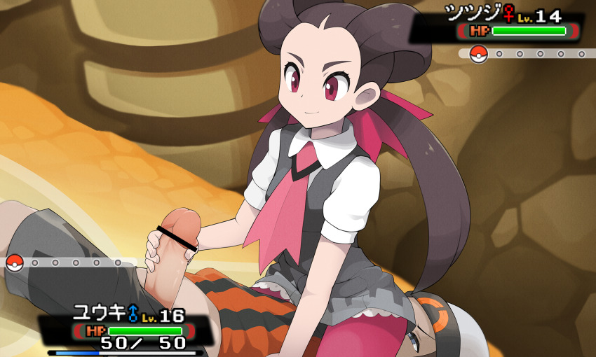 1boy 1girl bar_censor beanie brendan_(pokemon) brown_hair censored character_name closed_mouth collared_shirt eyelashes gym_leader hair_ribbon hair_rings handjob hat health_bar hetero highres indoors kim_da-yoon looking_down mars_symbol necktie nintendo pantyhose penis pink_ribbon poke_ball_symbol pokemon pokemon_gym pokemon_oras purple_pantyhose ribbon roxanne_(pokemon) shirt short_sleeves shorts smile translated twintails twitching_penis venus_symbol white_shirt