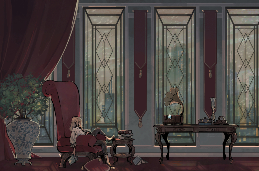 1girl ahoge armchair blonde_hair book candle candlestand chair city cityscape clock commentary curtains english_commentary feet_on_table final_fantasy final_fantasy_xiv frilled_cuffs grey_pants highres holding holding_book indoors long_hair looking_afar on_chair ornate pants phonograph pile_of_books pillow plant porcelain potted_plant rain red_carpet shirt sitting slice_of_life slippers slouching solo table tassel warrior_of_light_(ff14) white_shirt wicksandwheat window wooden_table