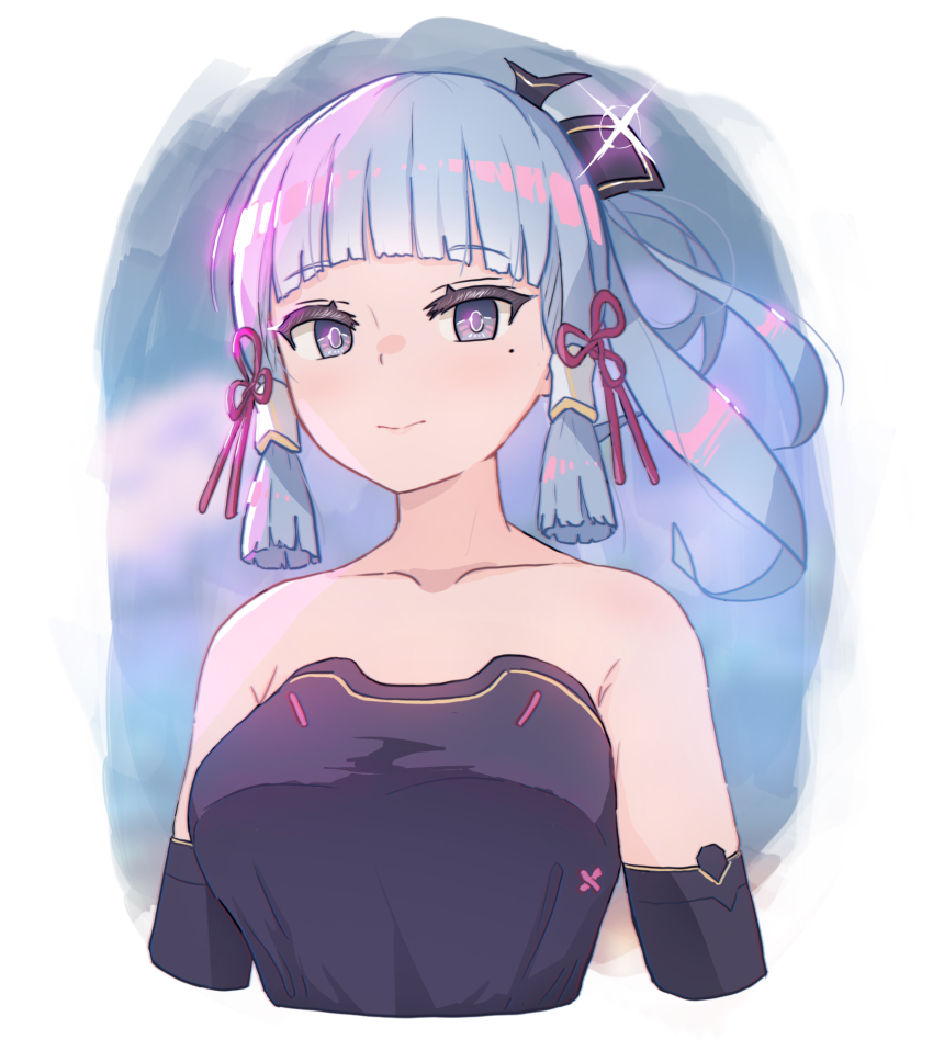 1girl ayaka_(genshin_impact) bare_shoulders blue_hair blunt_bangs breasts closed_mouth collarbone commentary cropped_arms cropped_torso genshin_impact hair_tubes highres large_breasts mole mole_under_eye purple_eyes sidelocks solo strapless valenthania