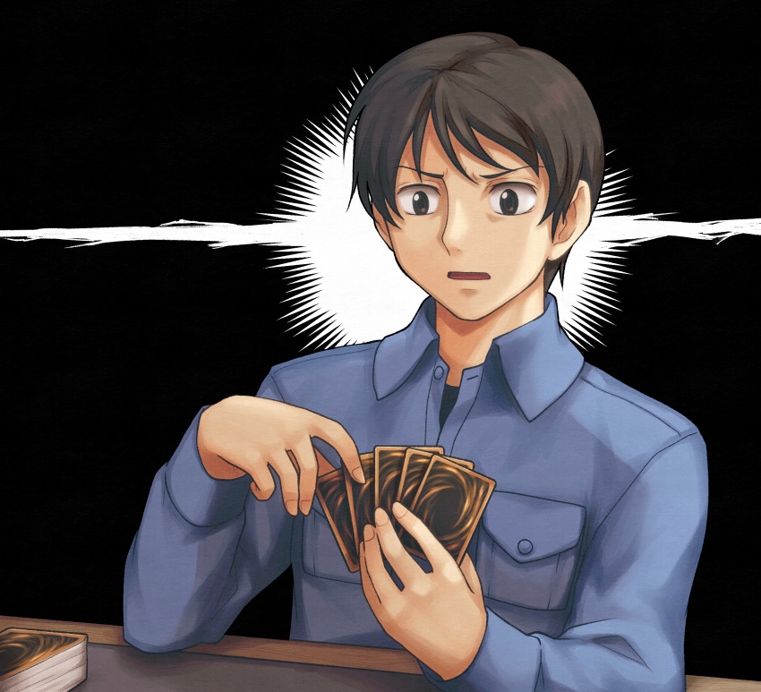 1boy absurdres anchan_january black_background blue_skin breast_pocket brown_eyes brown_hair card colored_skin commission deck_of_cards despair duel_(yu-gi-oh!) gundam gundam_00 highres holding holding_card long_sleeves male_focus newtype_flash open_mouth playing_card pocket saji_crossroad short_hair skeb_commission solo yu-gi-oh!