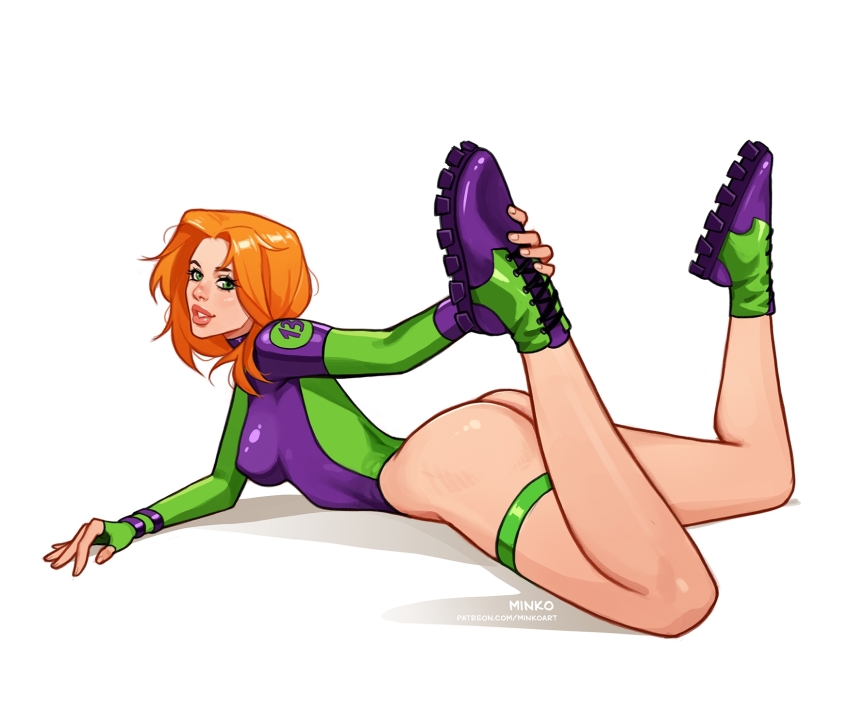 1girl artist_name ass breasts caitlin_fairchild gen13 green_eyes highres large_breasts leotard lying medium_hair olena_minko on_stomach orange_hair parted_lips patreon_username simple_background sleeved_leotard solo watermark web_address white_background