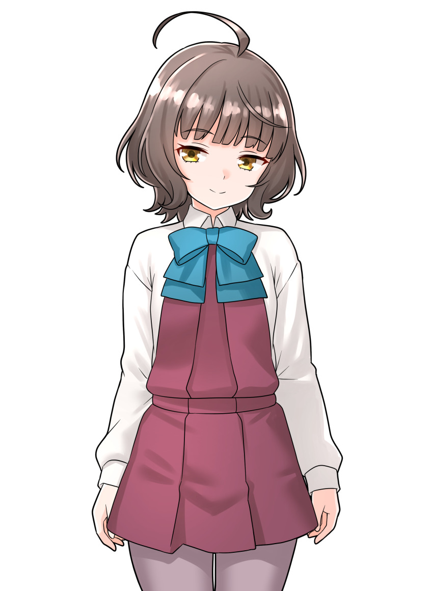 1girl absurdres ahoge aqua_bow aqua_bowtie blunt_bangs bow bowtie collared_shirt commentary_request commission cowboy_shot dress furaggu_(frag_0416) highres kantai_collection kishinami_(kancolle) pantyhose pinafore_dress pixiv_commission purple_pantyhose red_dress shirt short_hair simple_background sleeveless sleeveless_dress solo standing variant_set white_background white_shirt yellow_eyes