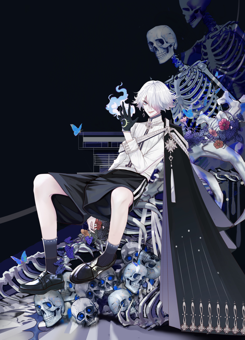 1boy absurdres black_gloves black_shoes black_shorts black_socks blue_butterfly blue_fire bone bug butterfly fire flower full_body gloves hair_over_one_eye hand_up highres insect original red_flower shan_gui_yu_yao shoes short_hair shorts sitting skeleton skull socks solo white_hair
