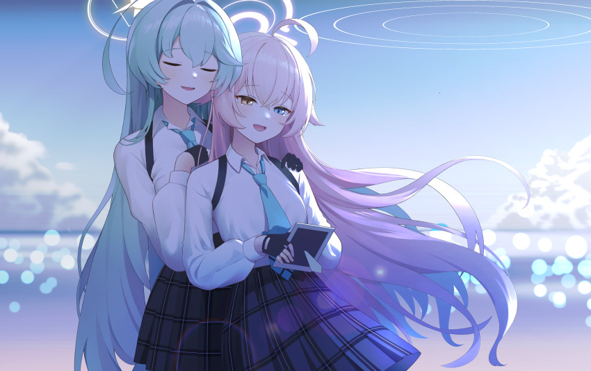 2girls :d absurdres ahoge backlighting black_gloves black_skirt blue_archive blue_eyes blue_necktie blue_sky closed_eyes cloud collared_shirt commentary_request cowboy_shot crossed_bangs crying crying_with_eyes_open day fang fingerless_gloves floating_hair generatormang gloves green_hair hair_between_eyes hair_intakes hair_over_shoulder half_gloves halo hand_on_another&#039;s_shoulder hand_on_own_chest heterochromia highres holding holding_notebook hoshino_(blue_archive) lens_flare long_hair long_sleeves looking_down multiple_girls necktie notebook open_mouth outdoors pink_hair pink_halo plaid_clothes plaid_skirt pleated_skirt puffy_long_sleeves puffy_sleeves school_uniform shirt skirt sky smile suspenders tears tsurime very_long_hair white_shirt wind yellow_eyes yellow_halo yume_(blue_archive)