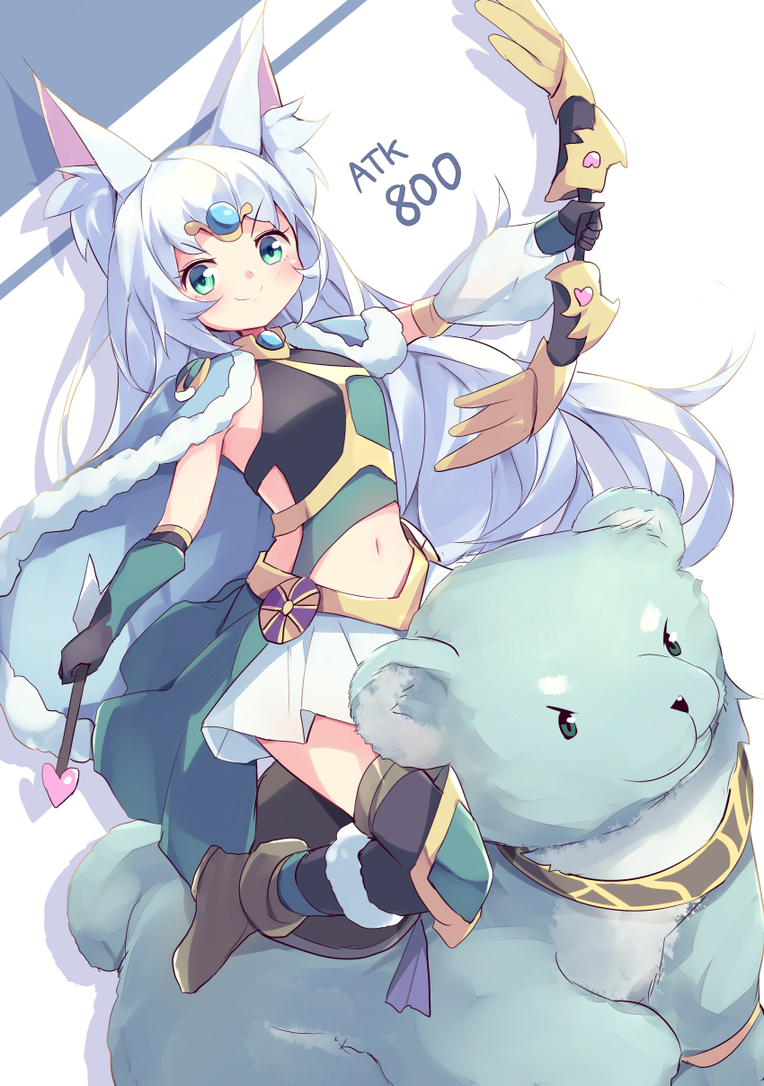 1girl absurdres aged_down apollousa_bow_of_the_goddess arrow_(projectile) bear blue_eyes bow_(weapon) duel_monster gameplay_mechanics green_eyes grey_hair highres holding holding_arrow kanzakietc midriff navel riding riding_animal smile solo stats weapon yu-gi-oh!