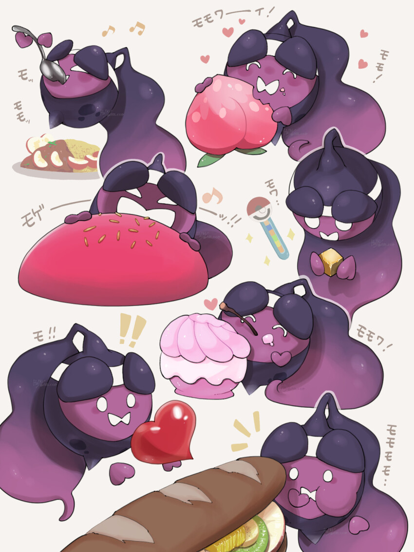 ! !! ^_^ ao_haruki bread closed_eyes commentary_request eating food food_on_face fruit heart highres holding holding_food holding_fruit holding_spoon mouth_hold multiple_views musical_note nintendo no_humans pecharunt pokeblock pokeblock_case pokemon pokemon_(creature) sandwich simple_background spoon translation_request white_background