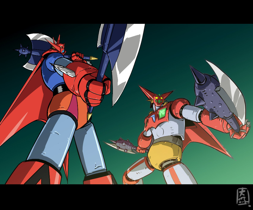 1970s_(style) arm_blade arm_slave_(mecha) axe gattai getter_robo getter_robo_(classic) getter_robo_g green_light highres mecha mecha_focus multicolored_armor no_humans oldschool ootsuka_ken retro_artstyle robot science_fiction super_robot weapon yellow_eyes