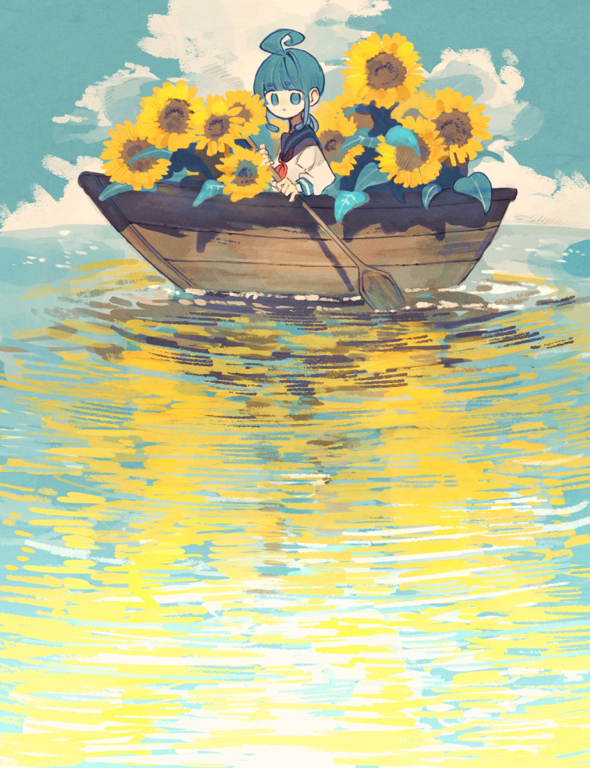 1girl :o ahoge aqua_eyes aqua_hair aqua_sailor_collar blue_sky boat cloud commentary_request day flower highres holding holding_oar jimini_shijimi long_sleeves looking_at_viewer medium_hair neckerchief no_pupils oar ocean on_boat original outdoors parted_lips red_neckerchief reflection reflective_water sailor_collar sailor_shirt shirt sidelocks sky solo sunflower watercraft white_shirt wide_shot